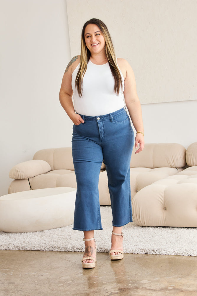 Full-Sized Tummy-Control High-Waisted Raw-Hem Chloe-Crop Blue Slate Jeans