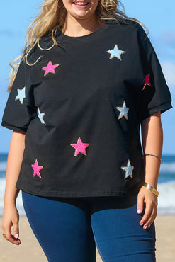 Plus-Sized Round-Neck Half-Sleeved Star T-Shirt