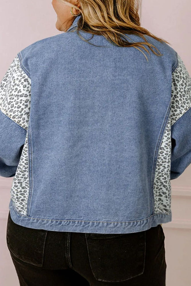 Plus-Sized Leopard Long-Sleeved Denim Jacket