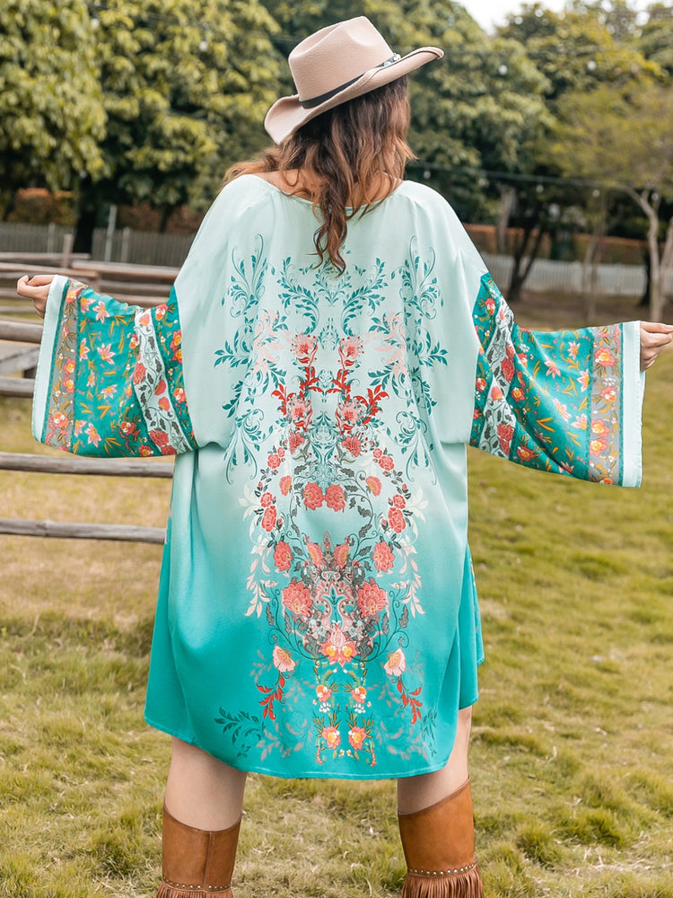 Plus-Sized Printed Open-Front Long-Sleeved Cover-Up