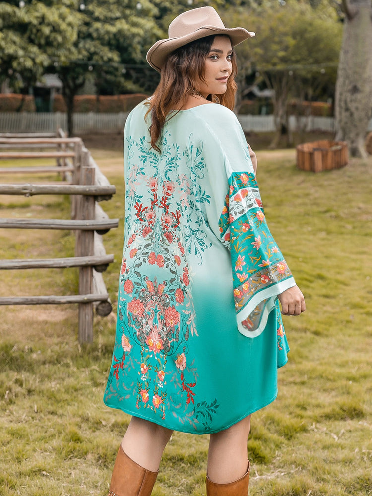 Plus-Sized Printed Open-Front Long-Sleeved Cover-Up