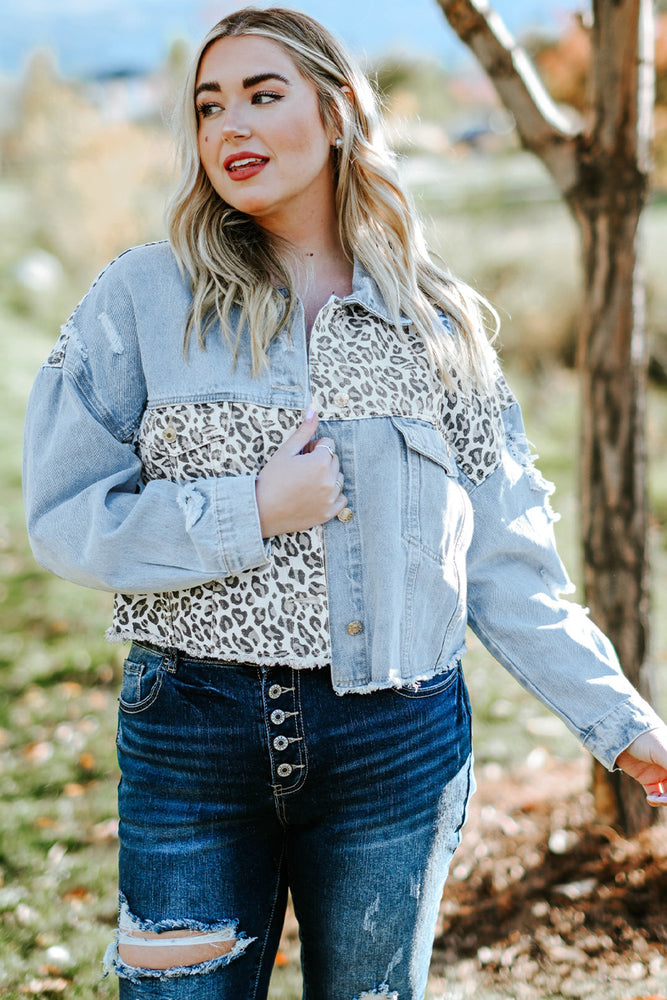 Plus-Sized Hem-Distressed Leopard Spliced Denim Jacket