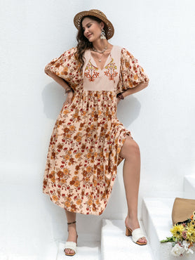 Plus-Sized Printed Tie-Neck Half-Sleeved Midi Dress