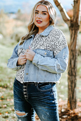 Plus-Sized Hem-Distressed Leopard Spliced Denim Jacket