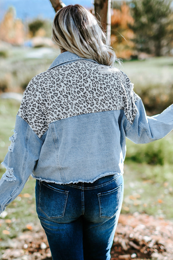 Plus-Sized Hem-Distressed Leopard Spliced Denim Jacket