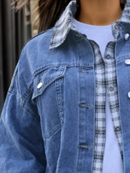 Plus-Sized Plaid-Collared Neck Raw Hem Denim Jacket