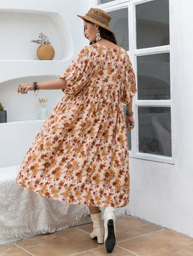 Plus-Sized Printed Tie-Neck Half-Sleeved Midi Dress