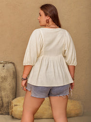 Plus-Sized Peplum V-Neck Half-Sleeved Blouse