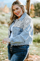 Plus-Sized Hem-Distressed Leopard Spliced Denim Jacket