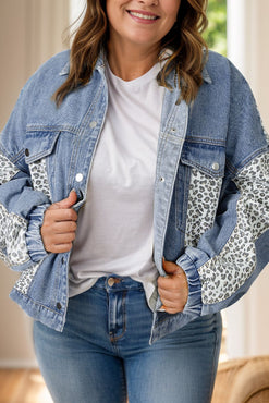 Plus-Sized Leopard Long-Sleeved Denim Jacket