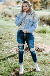 Plus-Sized Hem-Distressed Leopard Spliced Denim Jacket