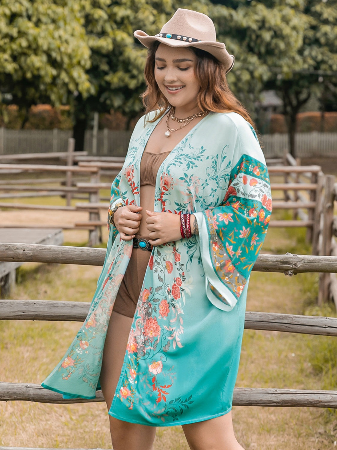 Plus-Sized Printed Open-Front Long-Sleeved Cover-Up