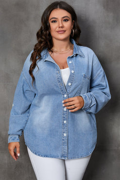 Plus-Sized Buttoned-Up Pocketed Denim Top