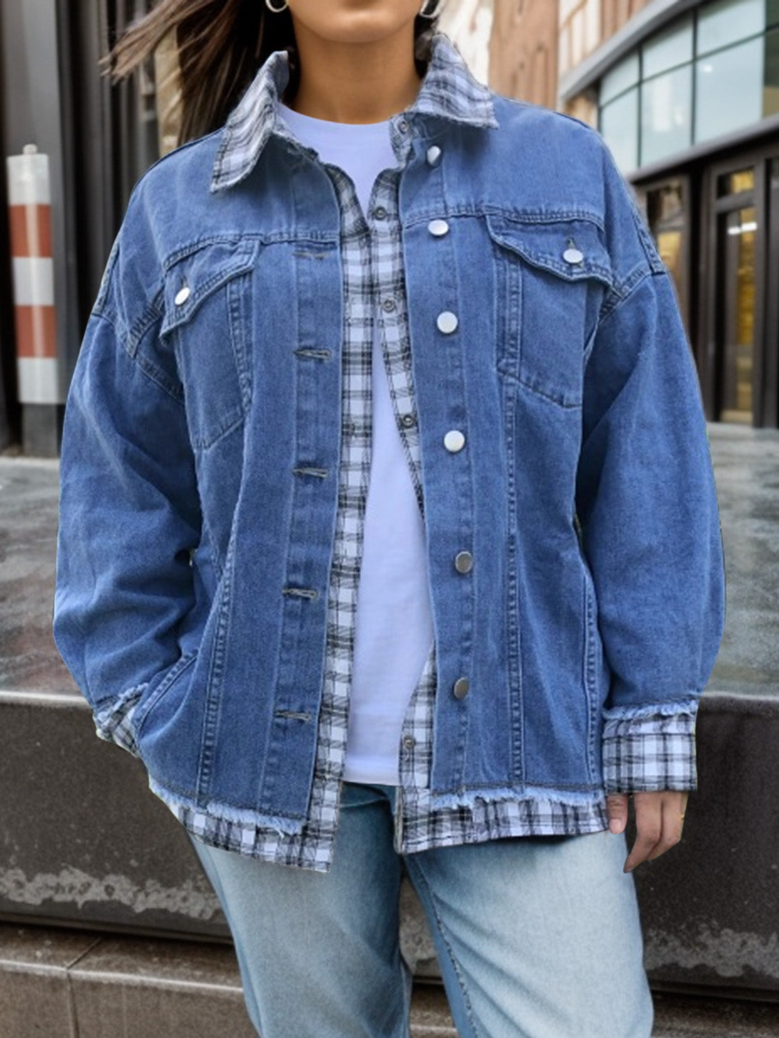 Plus-Sized Plaid-Collared Neck Raw Hem Denim Jacket