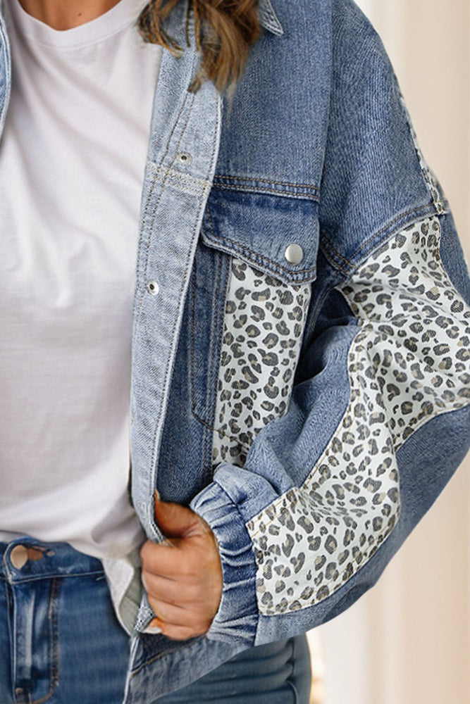 Plus-Sized Leopard Long-Sleeved Denim Jacket